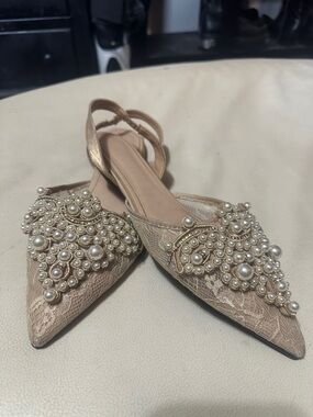 Gorgeous Pearl-Embellished Lace Pointed Flats - Blush 42
